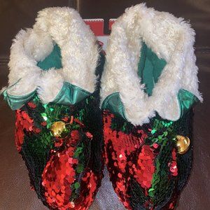 WOMEN'S ADULT SLIP-ON SEQUIN ELF BELL SLIPPERS SIZE SMALL/MEDIUM (SIZE 5 TO 8)